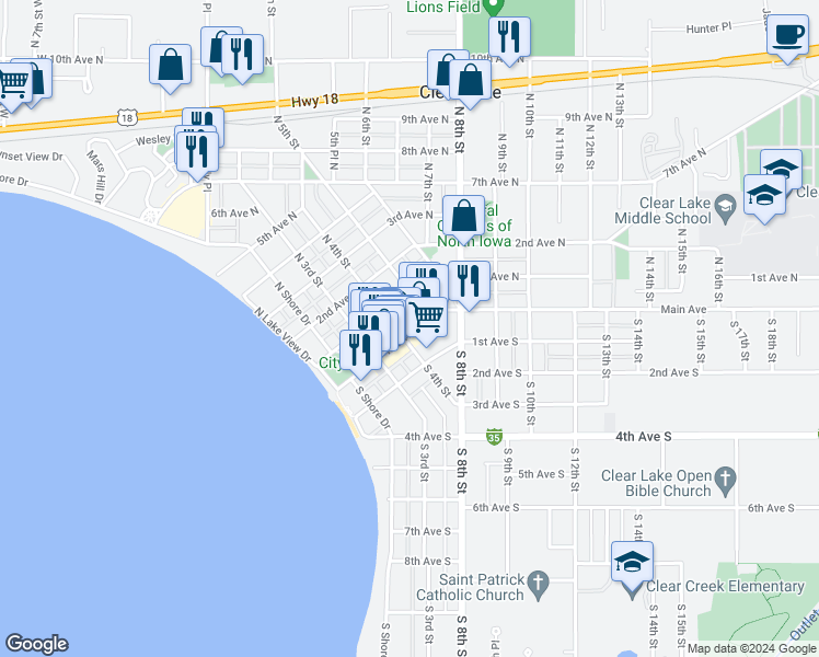 map of restaurants, bars, coffee shops, grocery stores, and more near 10 North 4th Street in Clear Lake