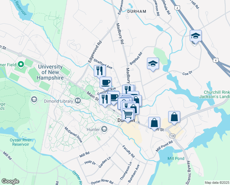 map of restaurants, bars, coffee shops, grocery stores, and more near 22 Rosemary Lane in Durham