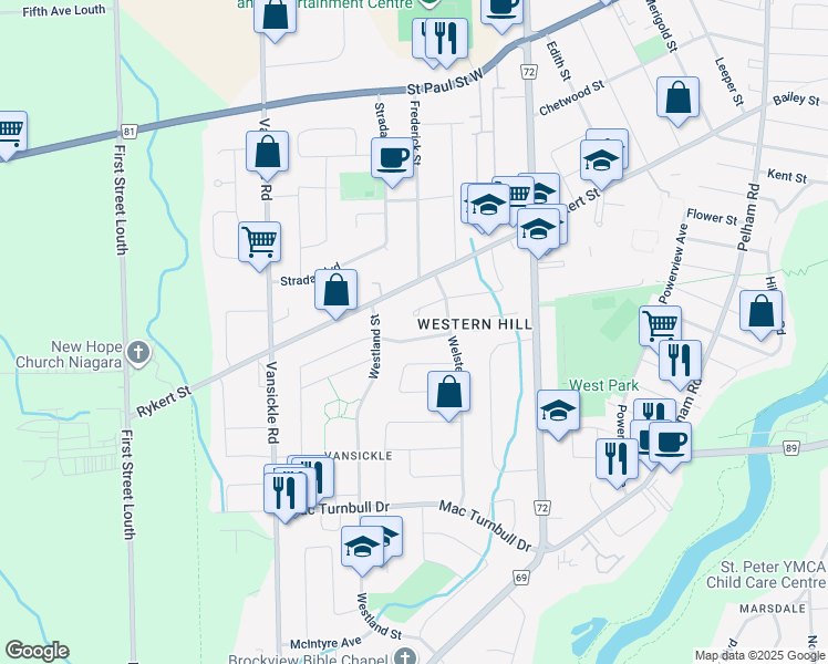 map of restaurants, bars, coffee shops, grocery stores, and more near 159 McBride Drive in St. Catharines