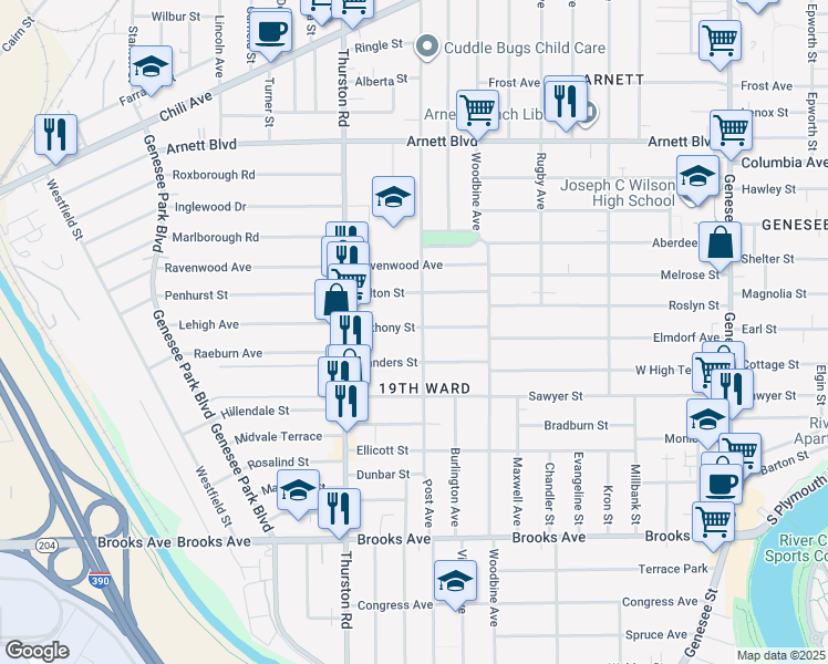 map of restaurants, bars, coffee shops, grocery stores, and more near 455 Post Avenue in Rochester