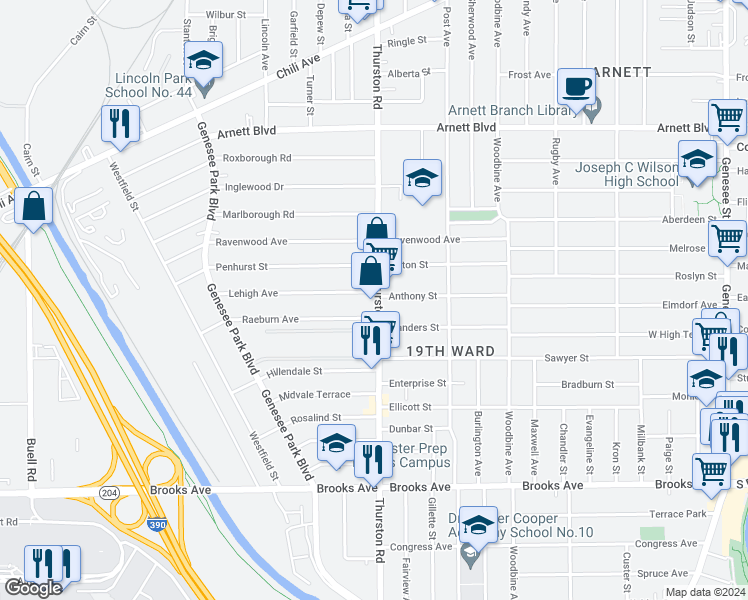 map of restaurants, bars, coffee shops, grocery stores, and more near 407 Thurston Road in Rochester