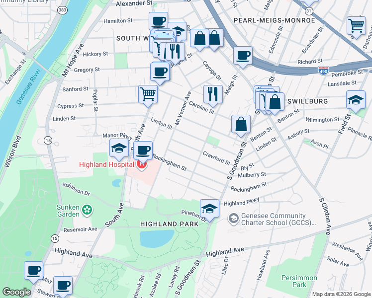 map of restaurants, bars, coffee shops, grocery stores, and more near 49 Crawford St in Rochester