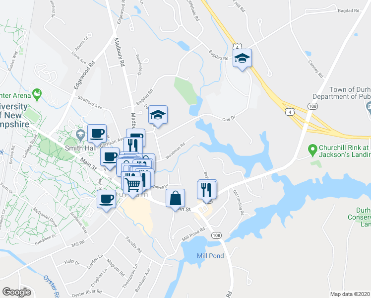map of restaurants, bars, coffee shops, grocery stores, and more near 36 Woodman Road in Durham
