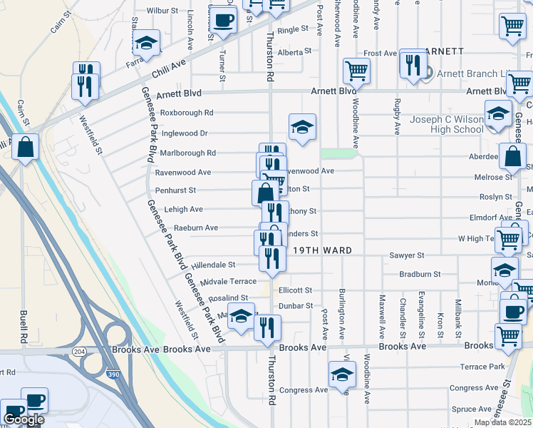 map of restaurants, bars, coffee shops, grocery stores, and more near 409 Thurston Road in Rochester