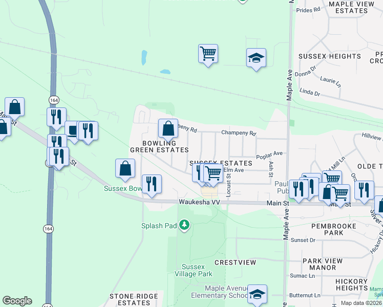 map of restaurants, bars, coffee shops, grocery stores, and more near W243N6575 Oxford Drive in Sussex