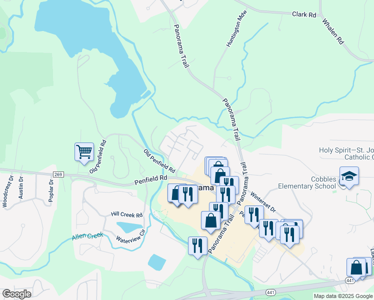 map of restaurants, bars, coffee shops, grocery stores, and more near 68 Penn Lane in Rochester