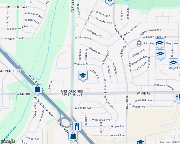 map of restaurants, bars, coffee shops, grocery stores, and more near 6549 North 89th Street in Milwaukee