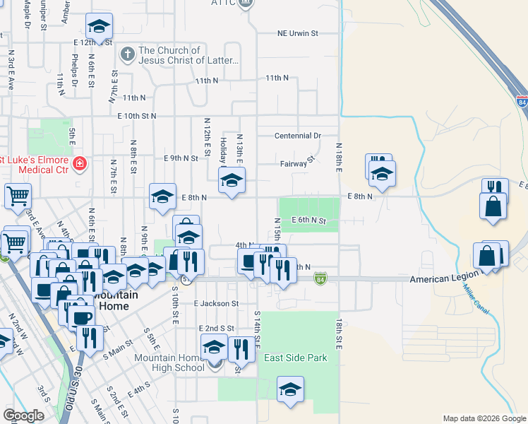 map of restaurants, bars, coffee shops, grocery stores, and more near 775 North 15th East in Mountain Home