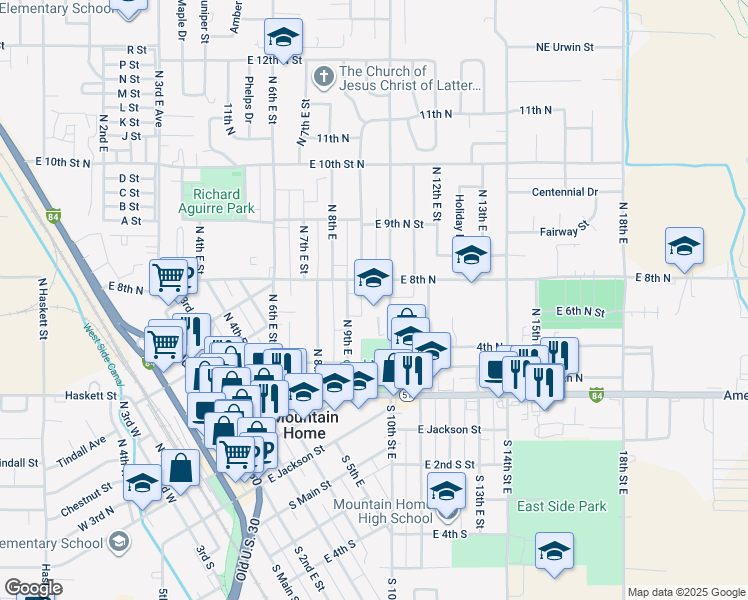 map of restaurants, bars, coffee shops, grocery stores, and more near 775 North 10th East Street in Mountain Home