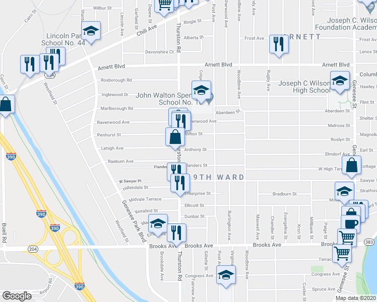 map of restaurants, bars, coffee shops, grocery stores, and more near 169 Anthony Street in Rochester