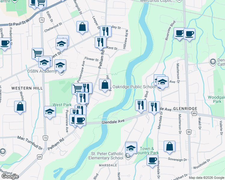 map of restaurants, bars, coffee shops, grocery stores, and more near 103 Hillview Road in St. Catharines