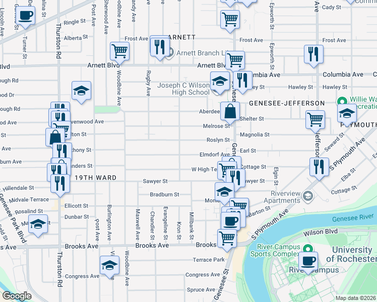 map of restaurants, bars, coffee shops, grocery stores, and more near 136 Elmdorf Avenue in Rochester