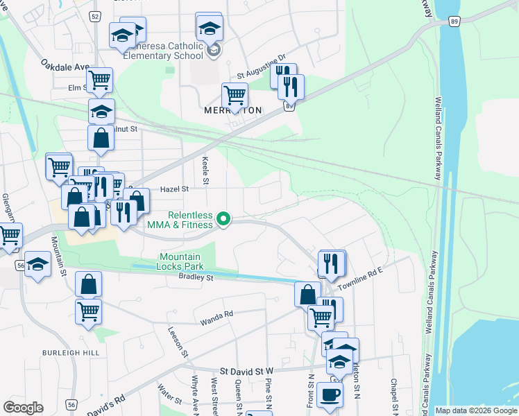 map of restaurants, bars, coffee shops, grocery stores, and more near 42 Hemlock Street in St. Catharines