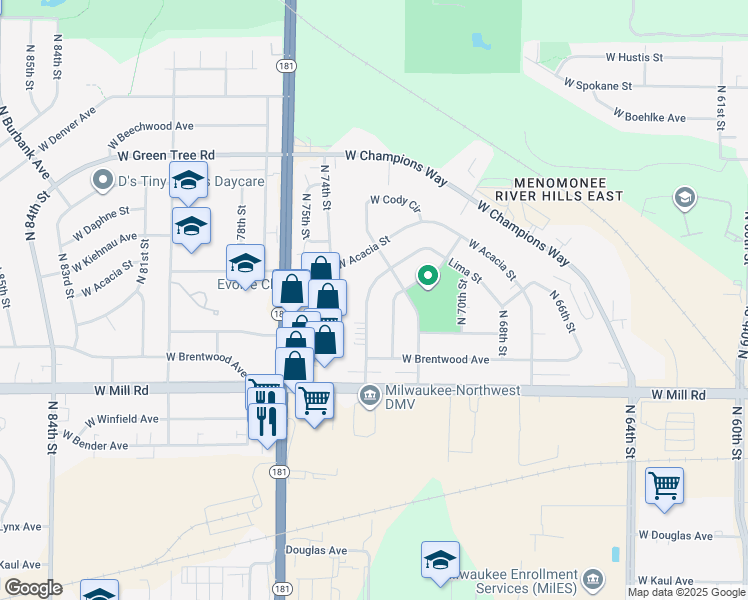 map of restaurants, bars, coffee shops, grocery stores, and more near 6552 North 73rd Street in Milwaukee