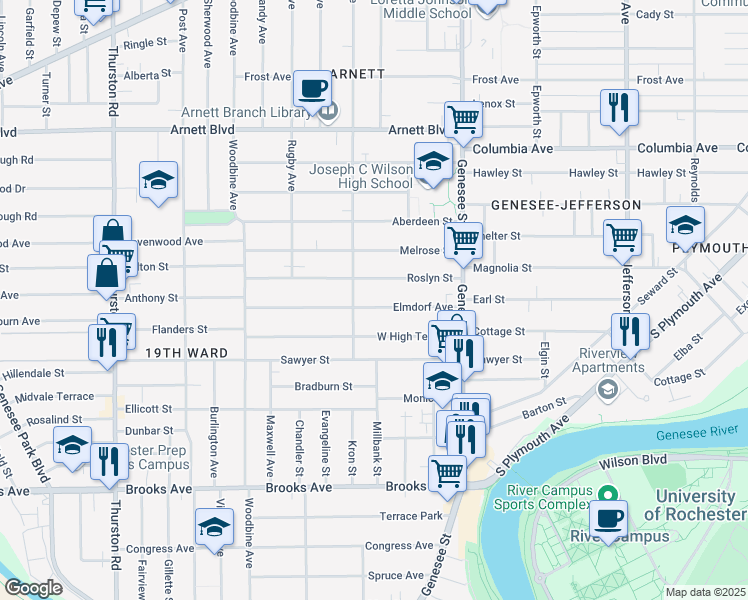 map of restaurants, bars, coffee shops, grocery stores, and more near 130 Elmdorf Avenue in Rochester