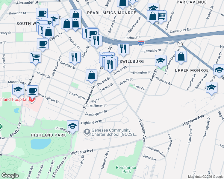 map of restaurants, bars, coffee shops, grocery stores, and more near 8 Bly Street in Rochester