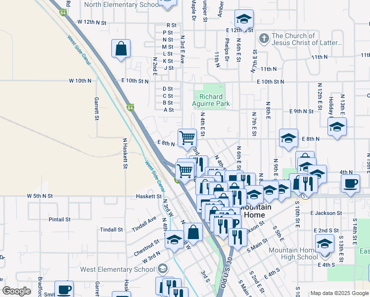 map of restaurants, bars, coffee shops, grocery stores, and more near 757 South 3rd West in Mountain Home