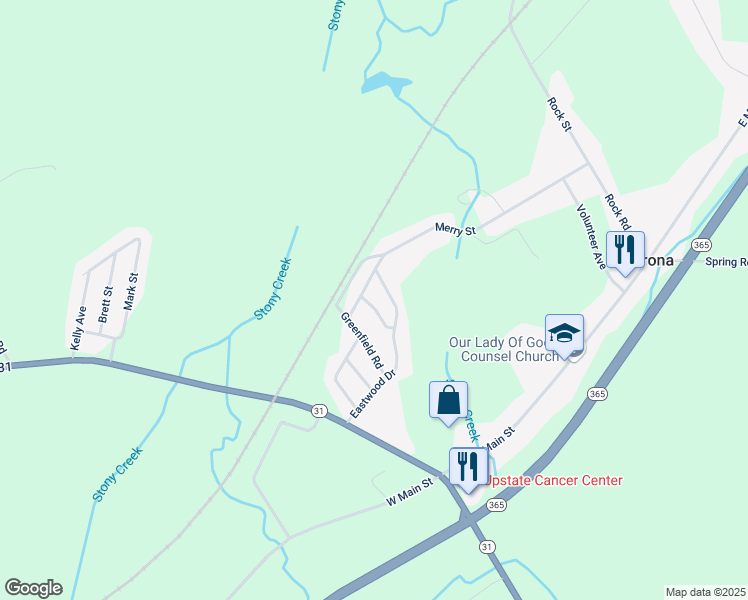 map of restaurants, bars, coffee shops, grocery stores, and more near 5671 Eastwood Drive in Verona