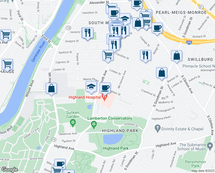 map of restaurants, bars, coffee shops, grocery stores, and more near 164 Oakland Street in Rochester