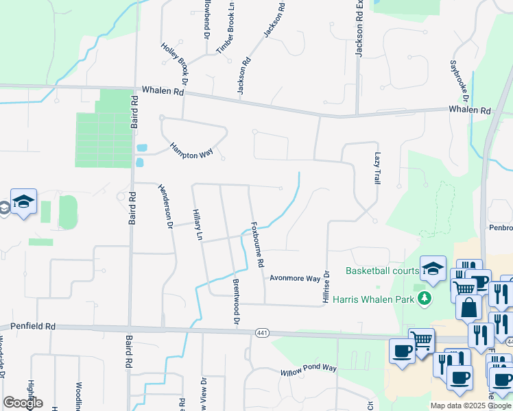 map of restaurants, bars, coffee shops, grocery stores, and more near 85 Foxbourne Road in Penfield