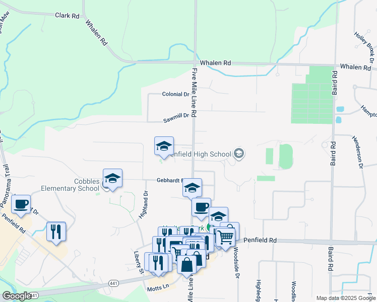 map of restaurants, bars, coffee shops, grocery stores, and more near 2031 Five Mile Line Road in Penfield
