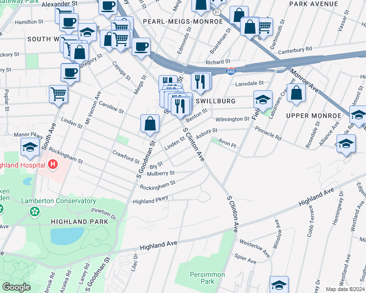 map of restaurants, bars, coffee shops, grocery stores, and more near 709 Linden Street in Rochester