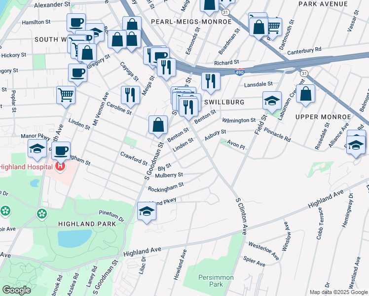 map of restaurants, bars, coffee shops, grocery stores, and more near 709 Linden Street in Rochester