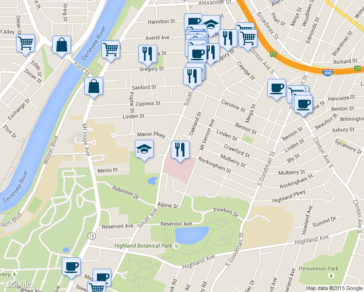 map of restaurants, bars, coffee shops, grocery stores, and more near 164 Oakland Street in Rochester