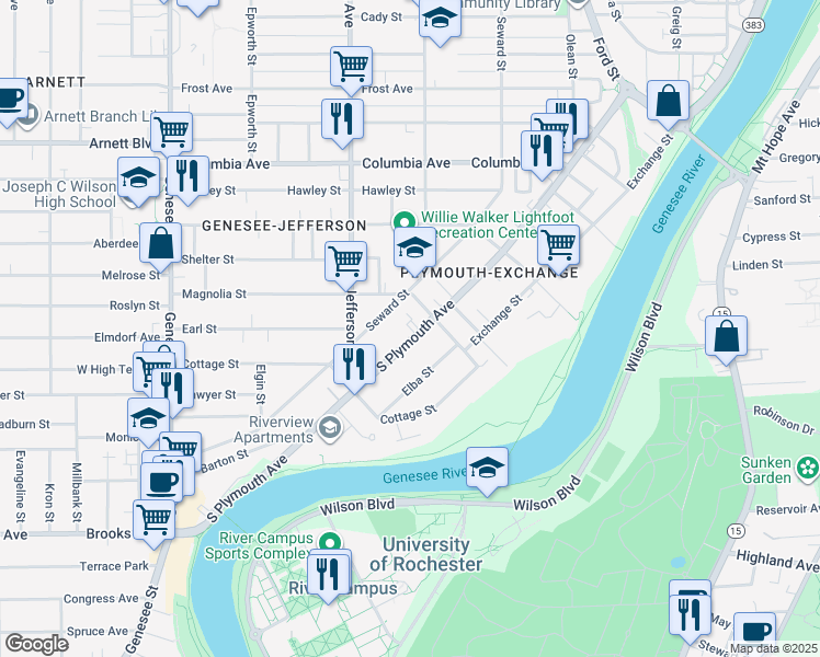 map of restaurants, bars, coffee shops, grocery stores, and more near 1043 South Plymouth Avenue in Rochester