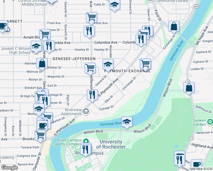 map of restaurants, bars, coffee shops, grocery stores, and more near 1043 South Plymouth Avenue in Rochester