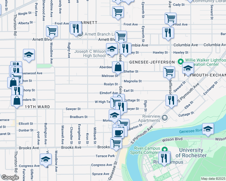 map of restaurants, bars, coffee shops, grocery stores, and more near 26 Elmdorf Avenue in Rochester