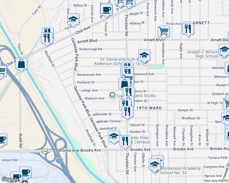 map of restaurants, bars, coffee shops, grocery stores, and more near 31 Lehigh Avenue in Rochester