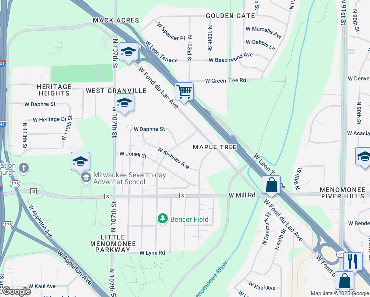map of restaurants, bars, coffee shops, grocery stores, and more near 6546 North Bourbon Street in Milwaukee