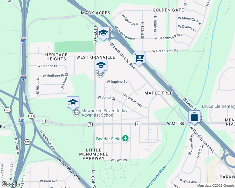 map of restaurants, bars, coffee shops, grocery stores, and more near 10427 West Kiehnau Avenue in Milwaukee