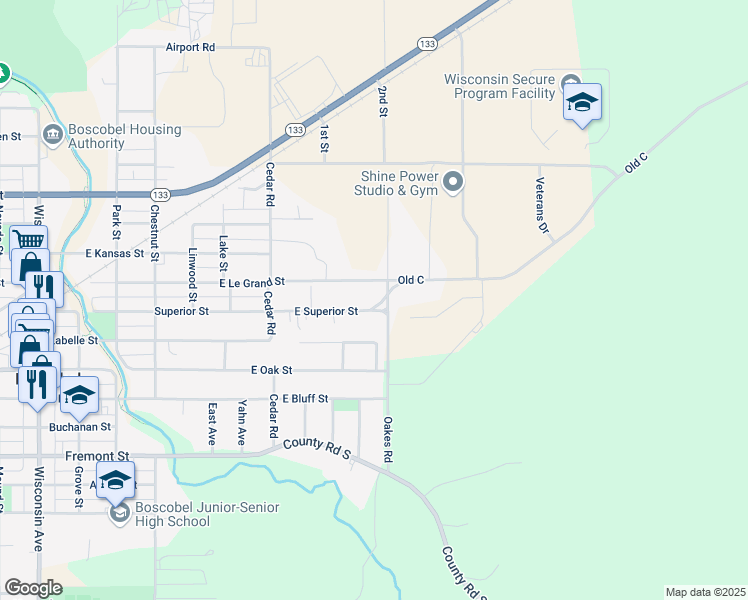 map of restaurants, bars, coffee shops, grocery stores, and more near 5410 East Superior Street in Boscobel