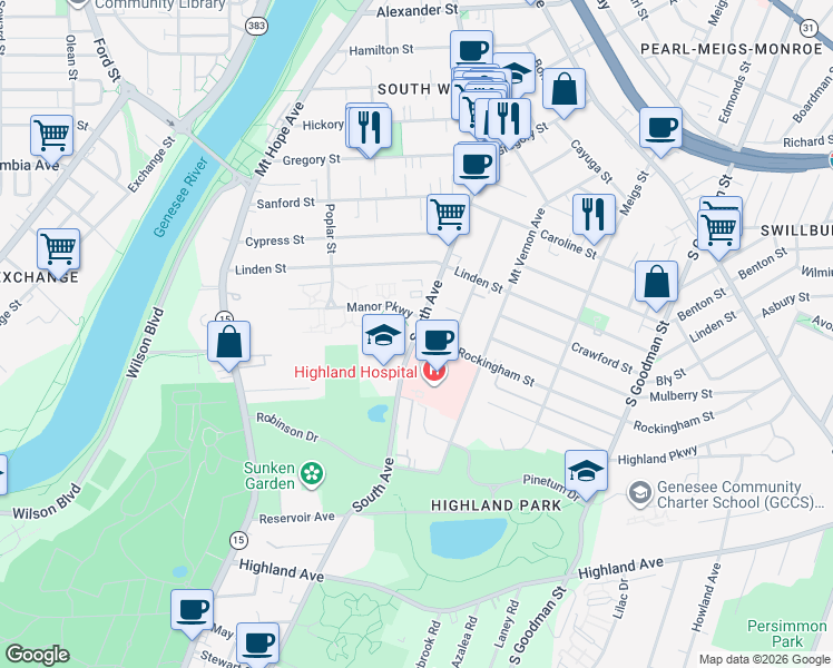 map of restaurants, bars, coffee shops, grocery stores, and more near Rockingham St & South Ave in Rochester