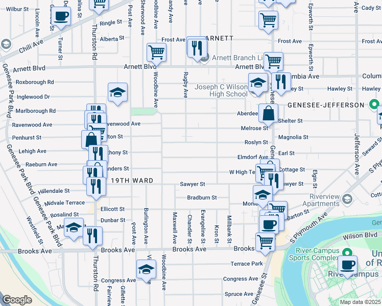 map of restaurants, bars, coffee shops, grocery stores, and more near 240 Elmdorf Avenue in Rochester