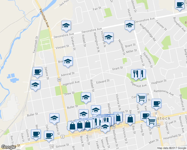 map of restaurants, bars, coffee shops, grocery stores, and more near 509 Ingersoll Avenue in Woodstock