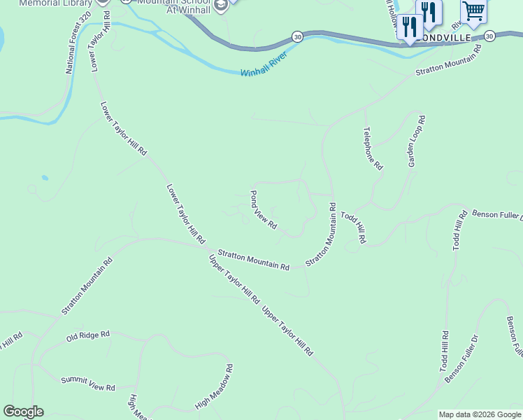 map of restaurants, bars, coffee shops, grocery stores, and more near 34 Nuthatch Road in Winhall