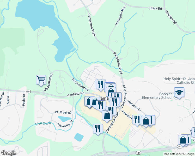 map of restaurants, bars, coffee shops, grocery stores, and more near 93 Penn Lane in Rochester