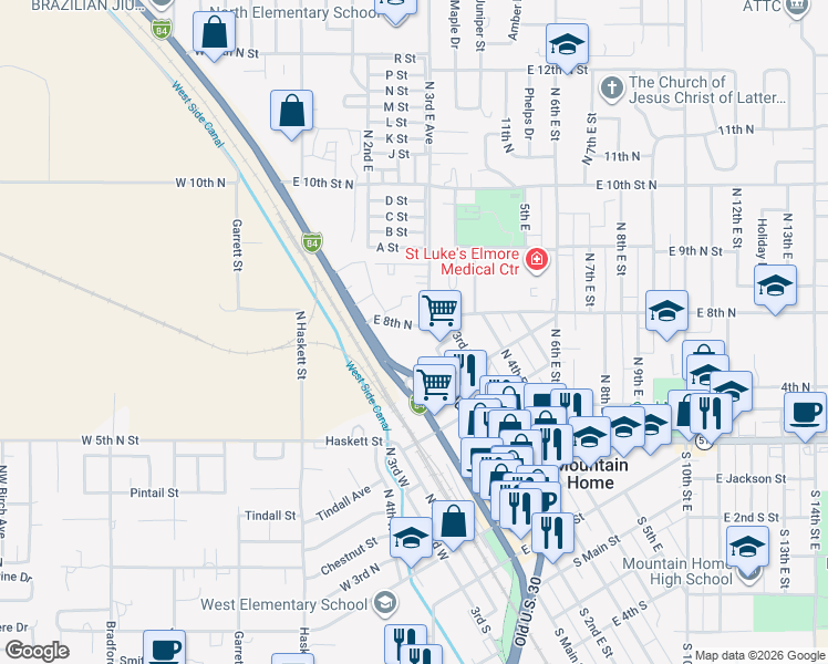 map of restaurants, bars, coffee shops, grocery stores, and more near 119 East 8th North in Mountain Home