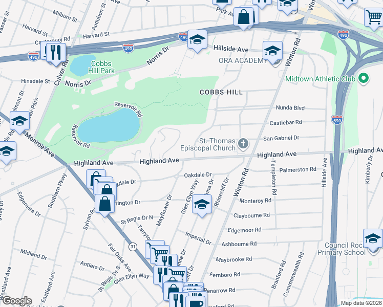 map of restaurants, bars, coffee shops, grocery stores, and more near 1834 Highland Avenue in Rochester