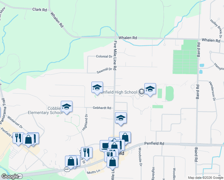 map of restaurants, bars, coffee shops, grocery stores, and more near 2031 Five Mile Line Road in Penfield