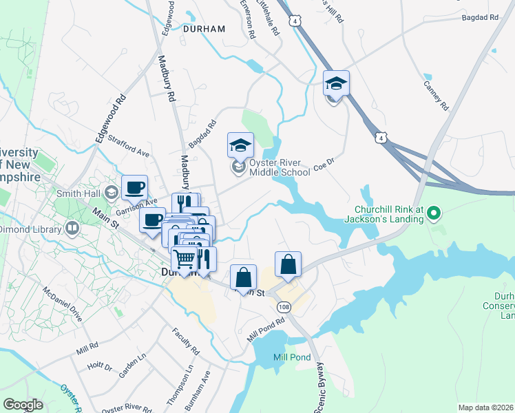 map of restaurants, bars, coffee shops, grocery stores, and more near 36 Woodman Road in Durham