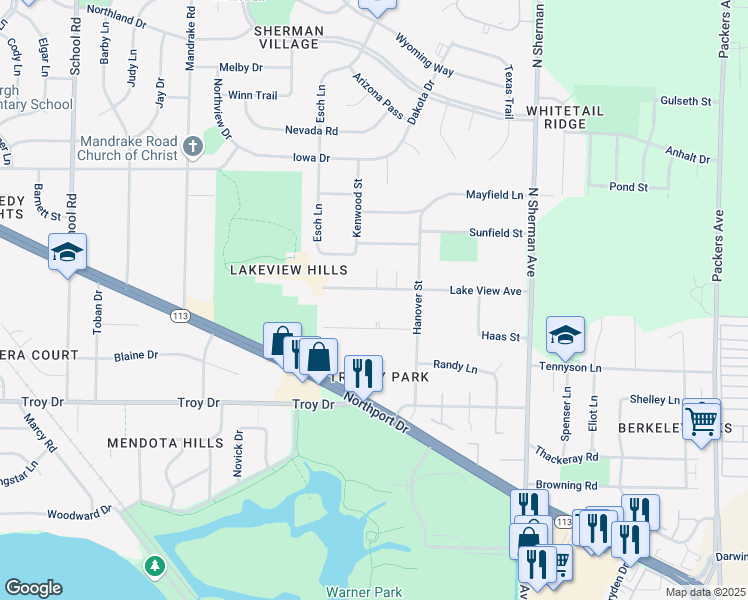 map of restaurants, bars, coffee shops, grocery stores, and more near 1513 Lake View Avenue in Madison