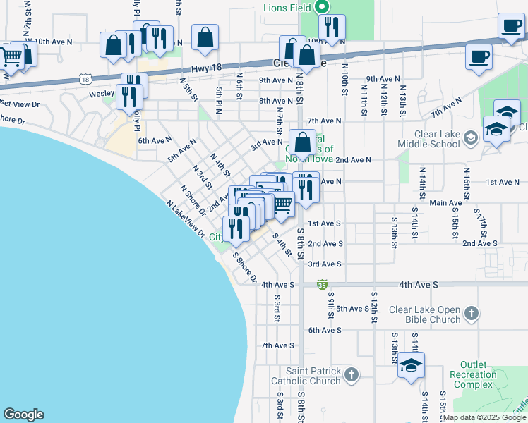 map of restaurants, bars, coffee shops, grocery stores, and more near 10 North 4th Street in Clear Lake