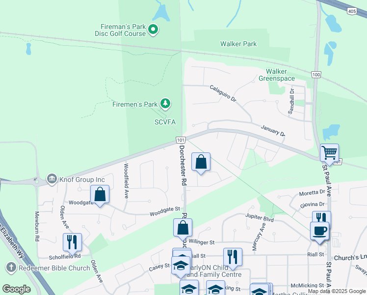 map of restaurants, bars, coffee shops, grocery stores, and more near 2414 Dorchester Road in Niagara Falls
