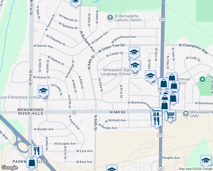 map of restaurants, bars, coffee shops, grocery stores, and more near 8243 West Acacia Street in Milwaukee