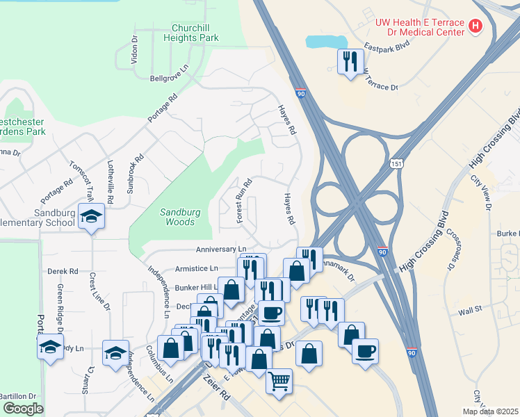 map of restaurants, bars, coffee shops, grocery stores, and more near 3133 Forest Ridge in Madison