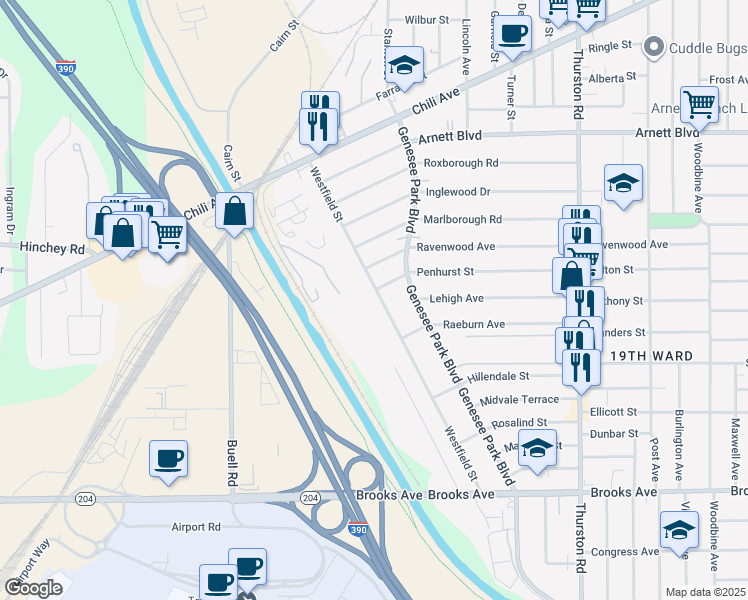map of restaurants, bars, coffee shops, grocery stores, and more near 233 Westfield Street in Rochester